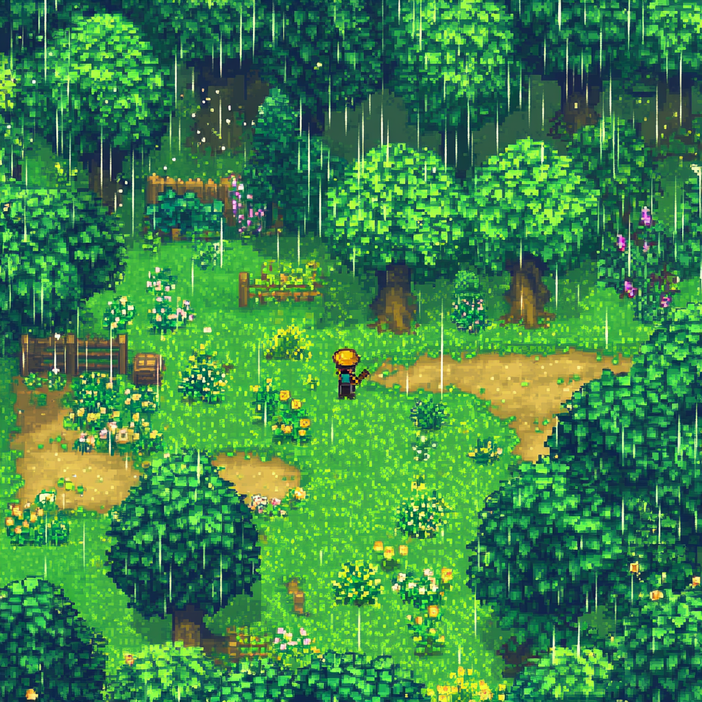 Scenic view of green rain stardew valley landscape